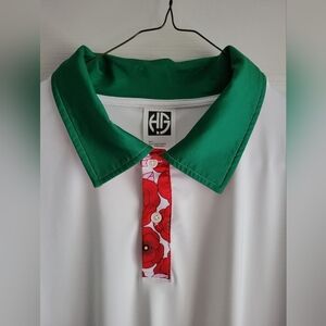Hoboh Golf Green and White Shirt with Chevron Sleeve Design & Red Pattern Detail